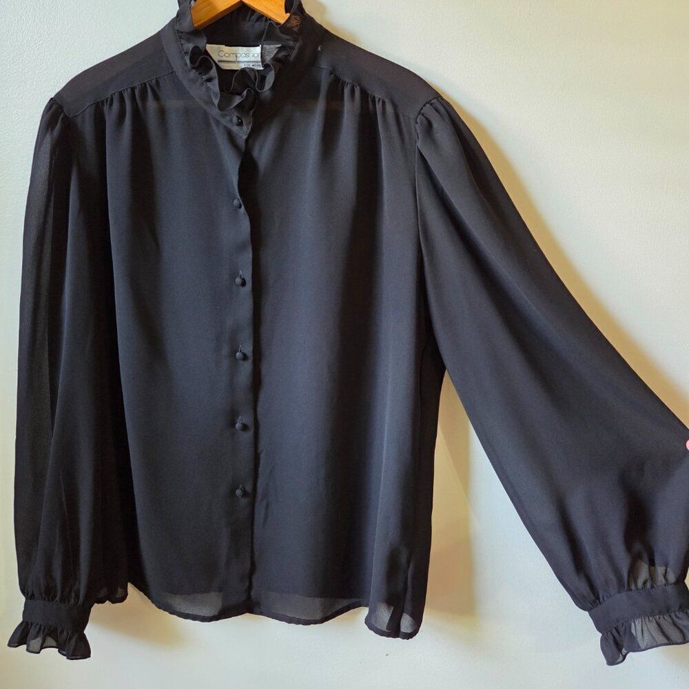 EUC VINTAGE COMPOSITIONS FOR WOMEN BLACK SEMI SHEER SECRETARY TOP SZ LARGE / 40